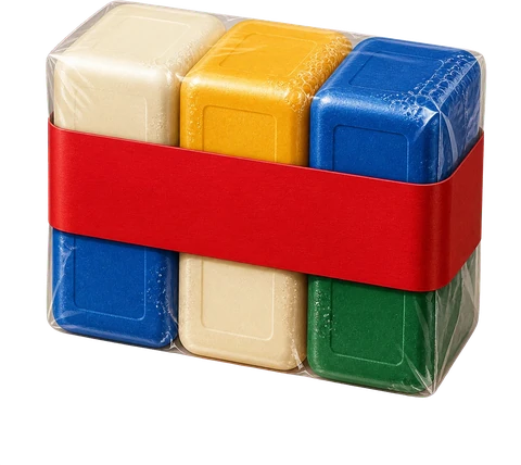 A shrink-wrapped multipack of soap bars, the kind the man splits into singles
