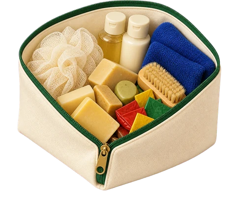 A pouch of assorted bathroom extras